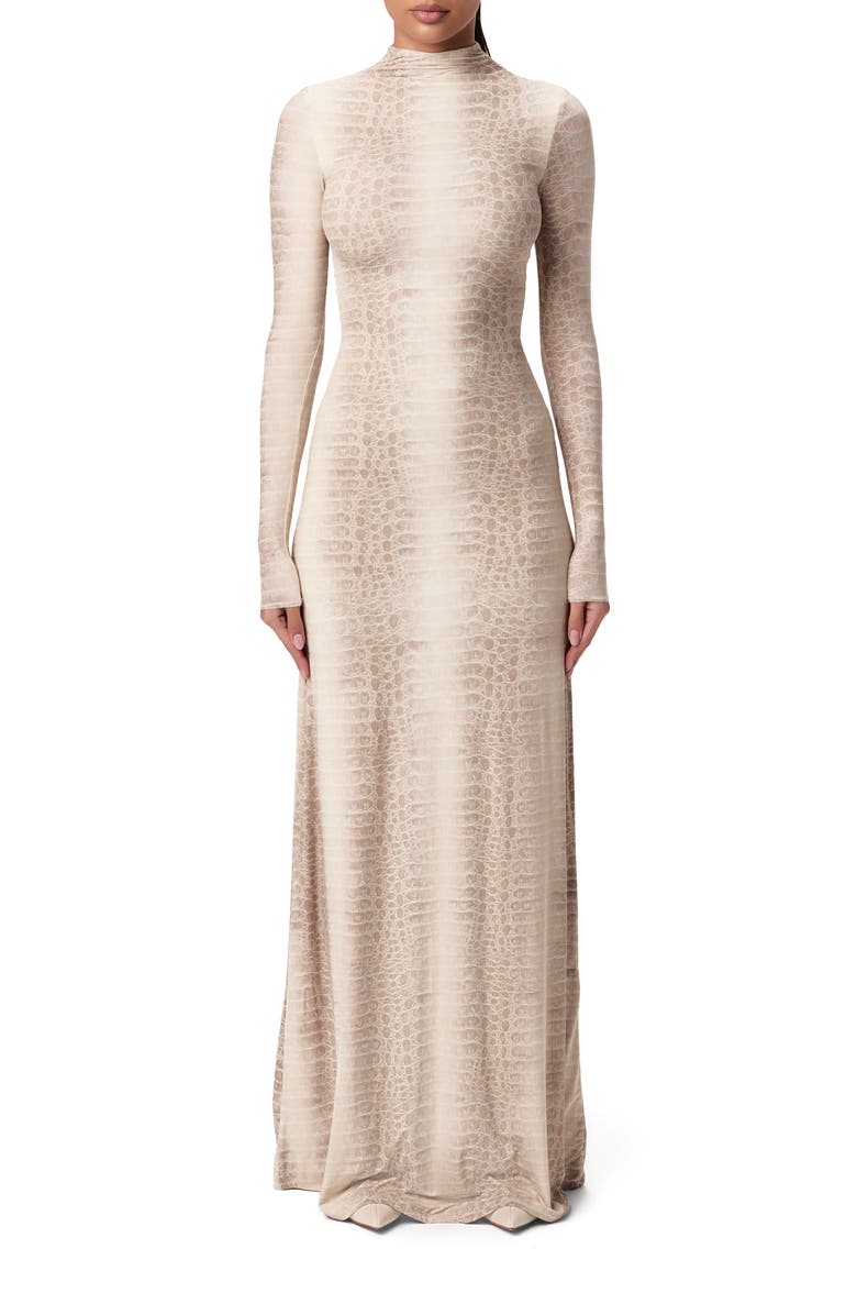 Naked Wardrobe Crocodile Print Funnel Neck Long Sleeve Maxi Dress, Main, color, Bone Croc
