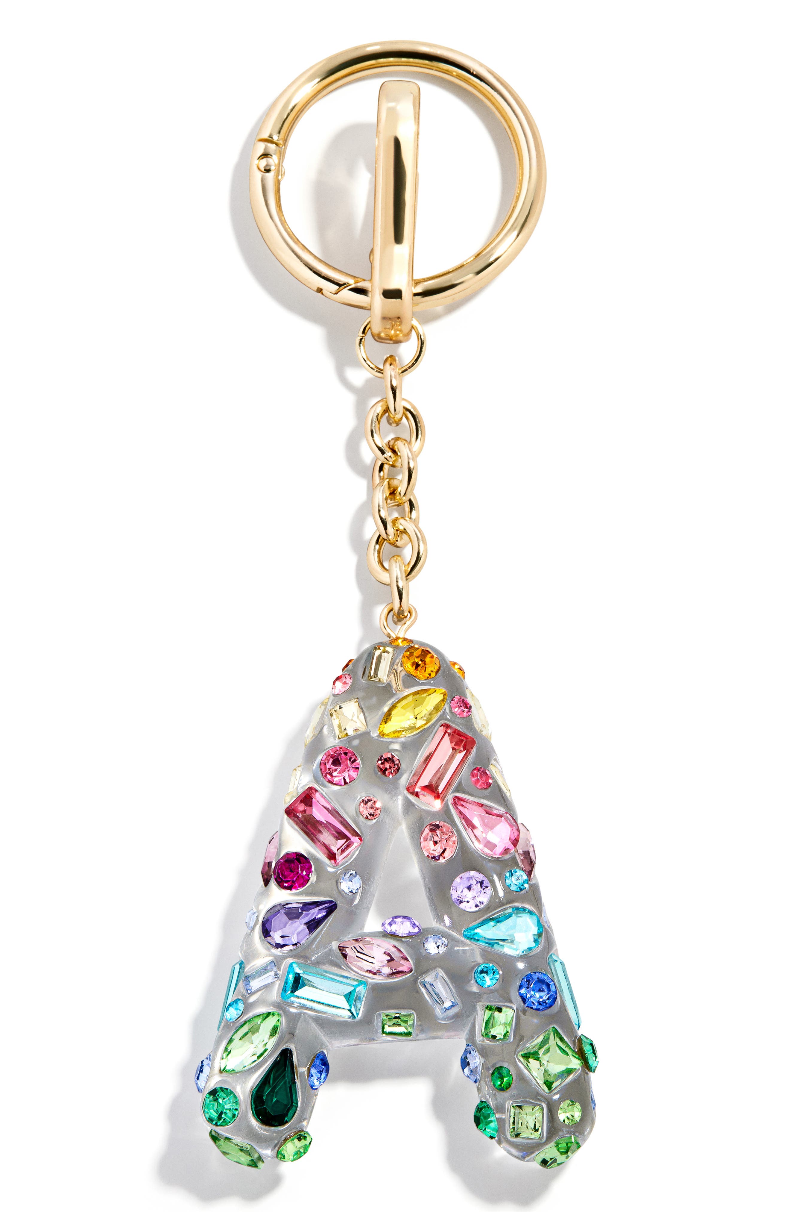 BaubleBar Crystal Initial Key Ring Bag Charm, Main, color, Clear Multi - A