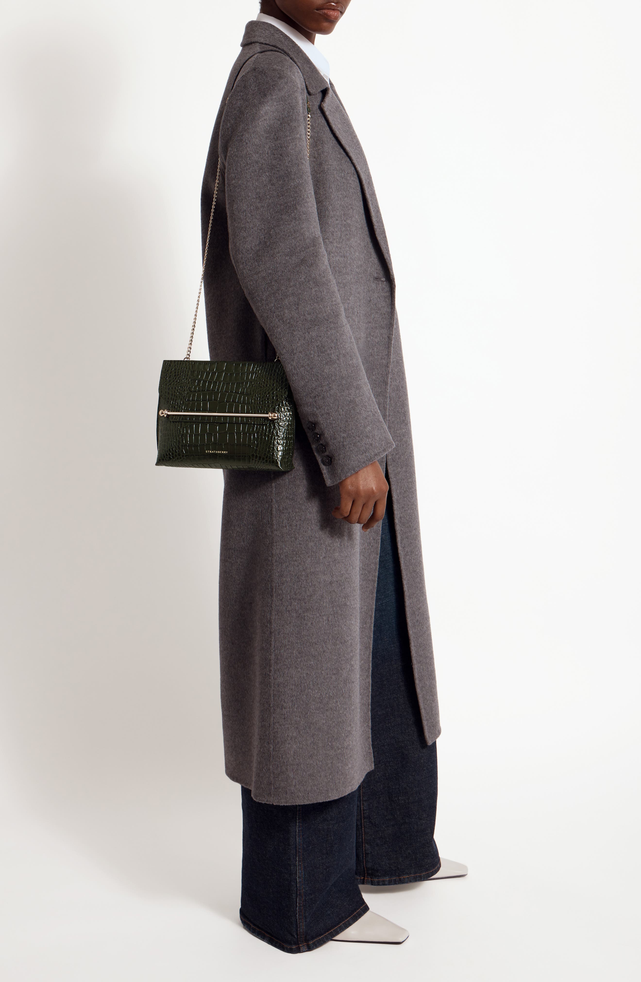 Strathberry Stylist Croc Embossed Leather Clutch, Alternate, color, Forest