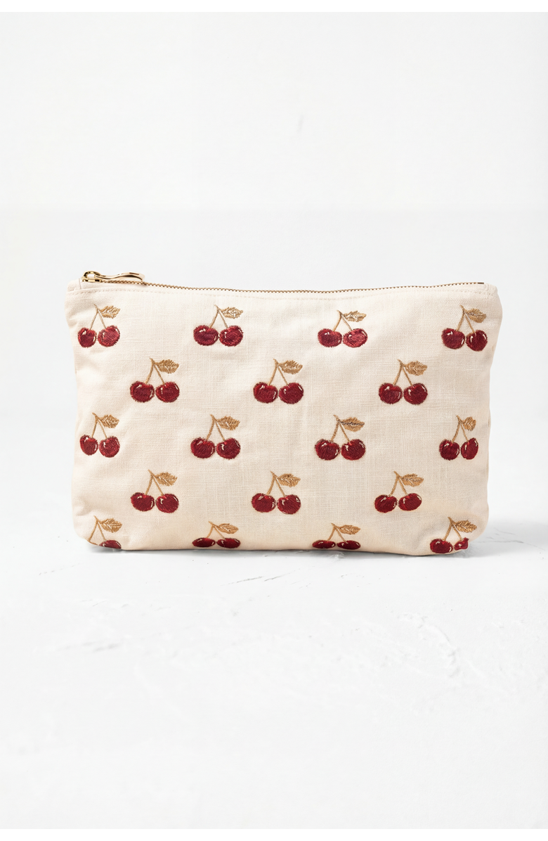 Elizabeth Scarlett Cherries Velvet Everyday Pouch, Main, color, Cream