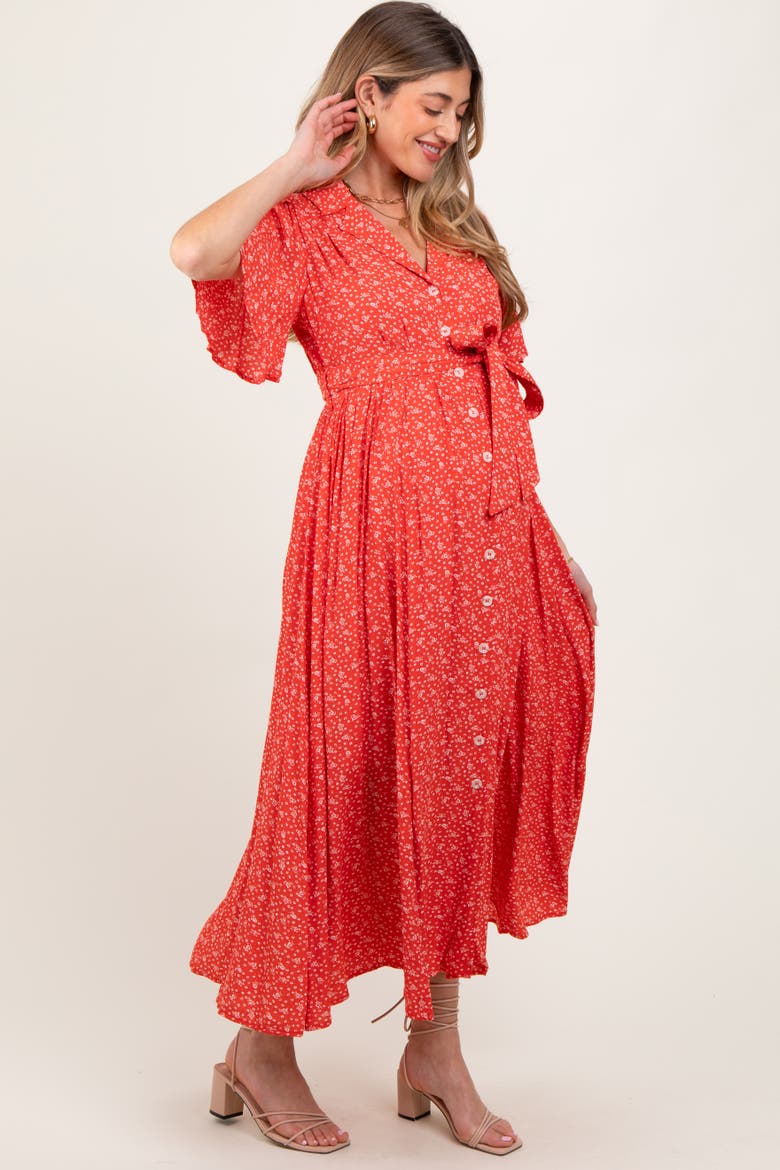 Flutter Sleeve Button Down Maxi Dress, Alternate, color, Red