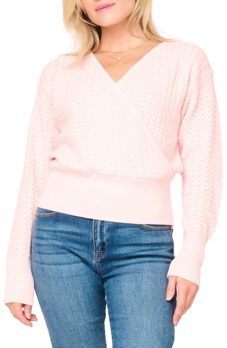 GIBSONLOOK Surplice V-Neck Cotton Blend Pointelle Sweater, Main, color, Pink Smoke