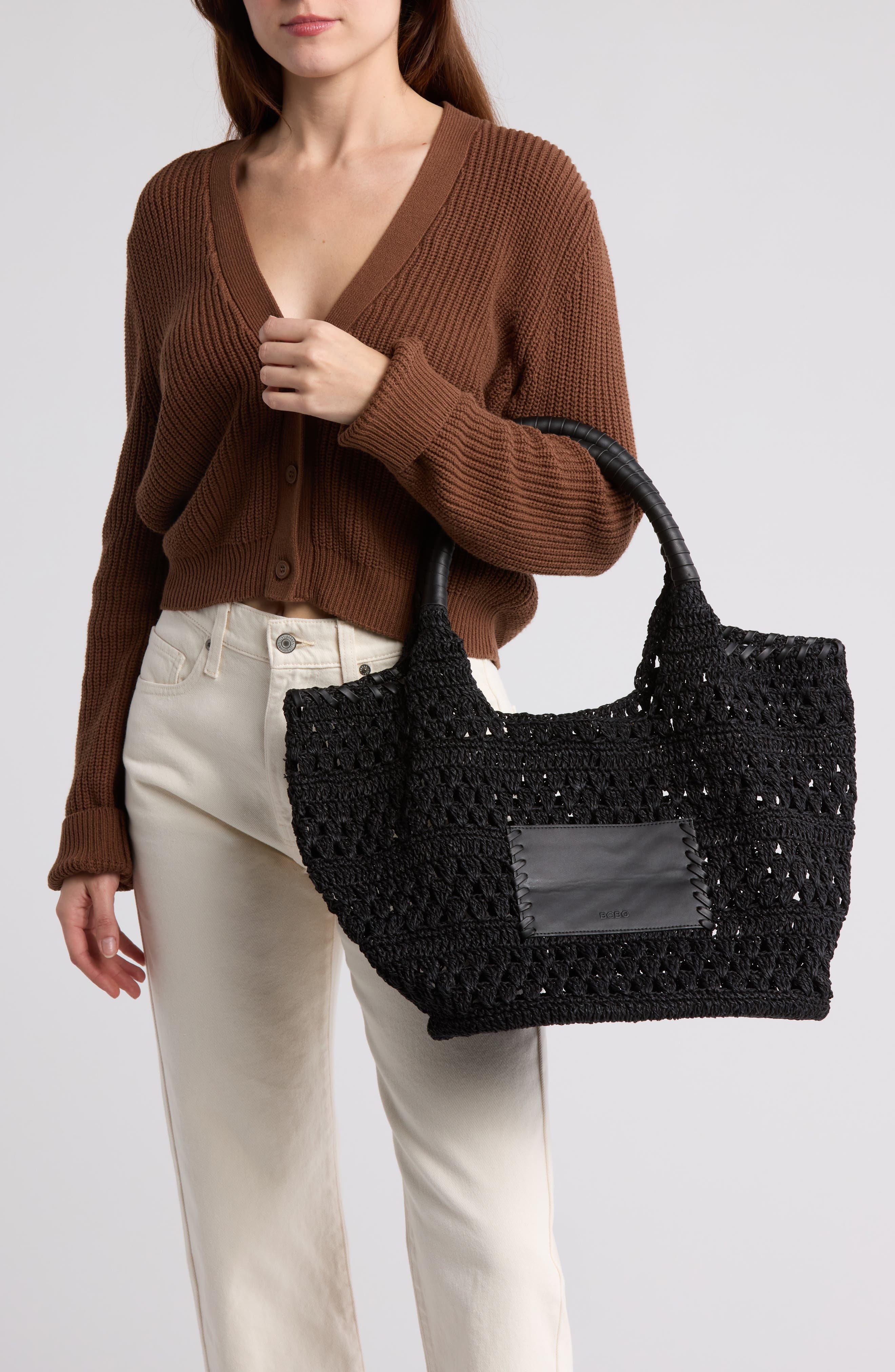 BCBG Woven Raffia Tote Bag, Alternate, color, Black