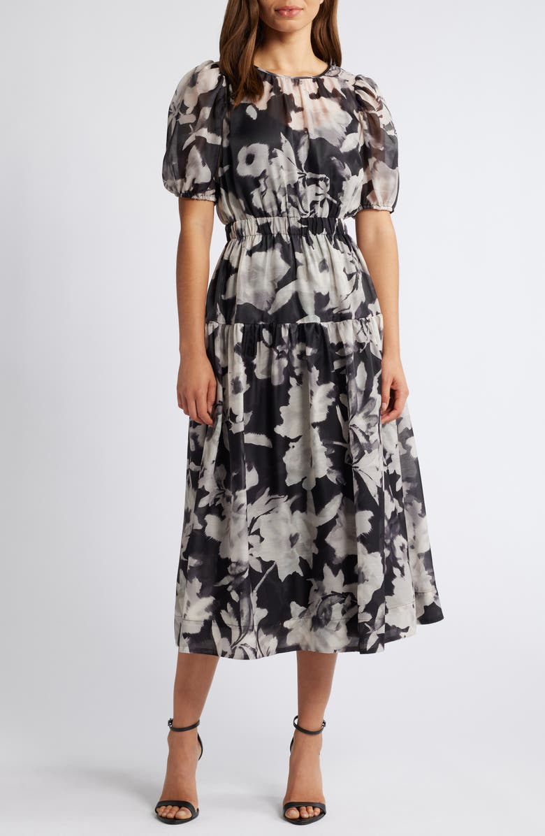 Anne Klein Floral Tiered Puff Sleeve Midi Dress, Main, color, Anne Black Multi