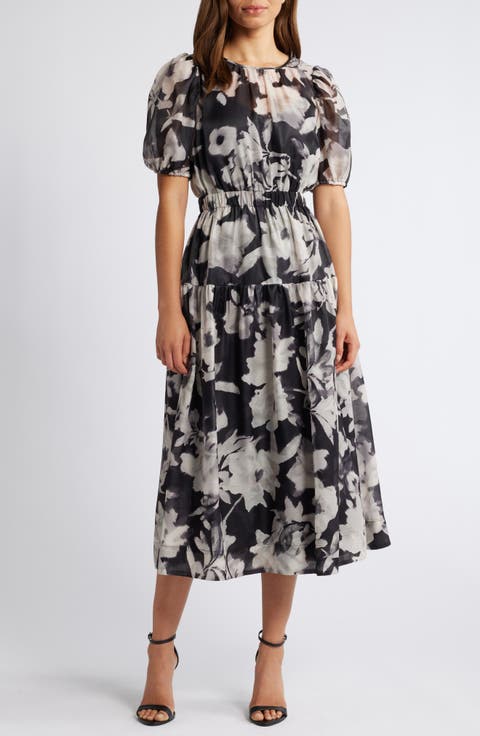Floral Tiered Puff Sleeve Midi Dress