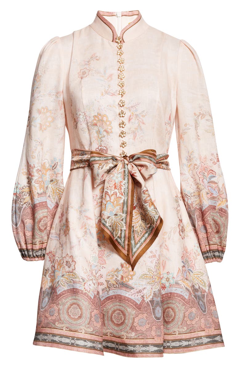 Zimmermann Alchemy Paisley Long Sleeve Belted Linen Minidress, Alternate, color, Pink Paisley