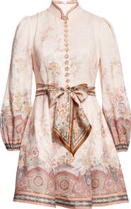 Zimmermann Alchemy Paisley Long Sleeve Belted Linen Minidress