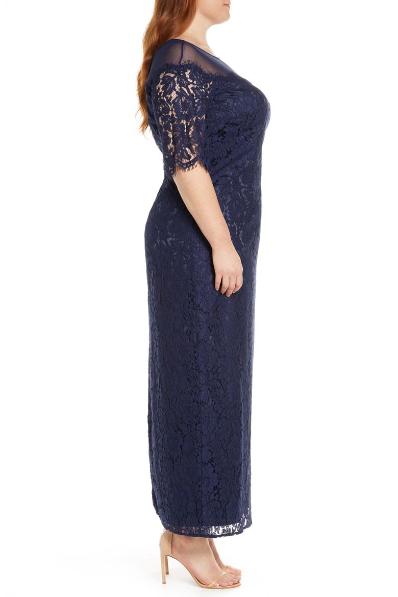 Illusion Top Lace Evening Gown, Alternate, color, NAVY