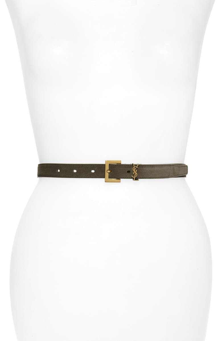 Saint Laurent YSL Logo Skinny Suede Belt, Main, color,