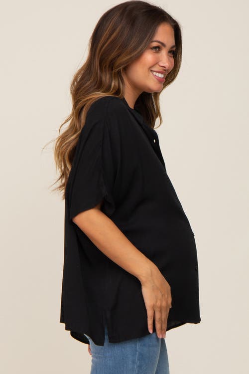 Pinkblush Button Up Dolman Short Sleeve Top In Black