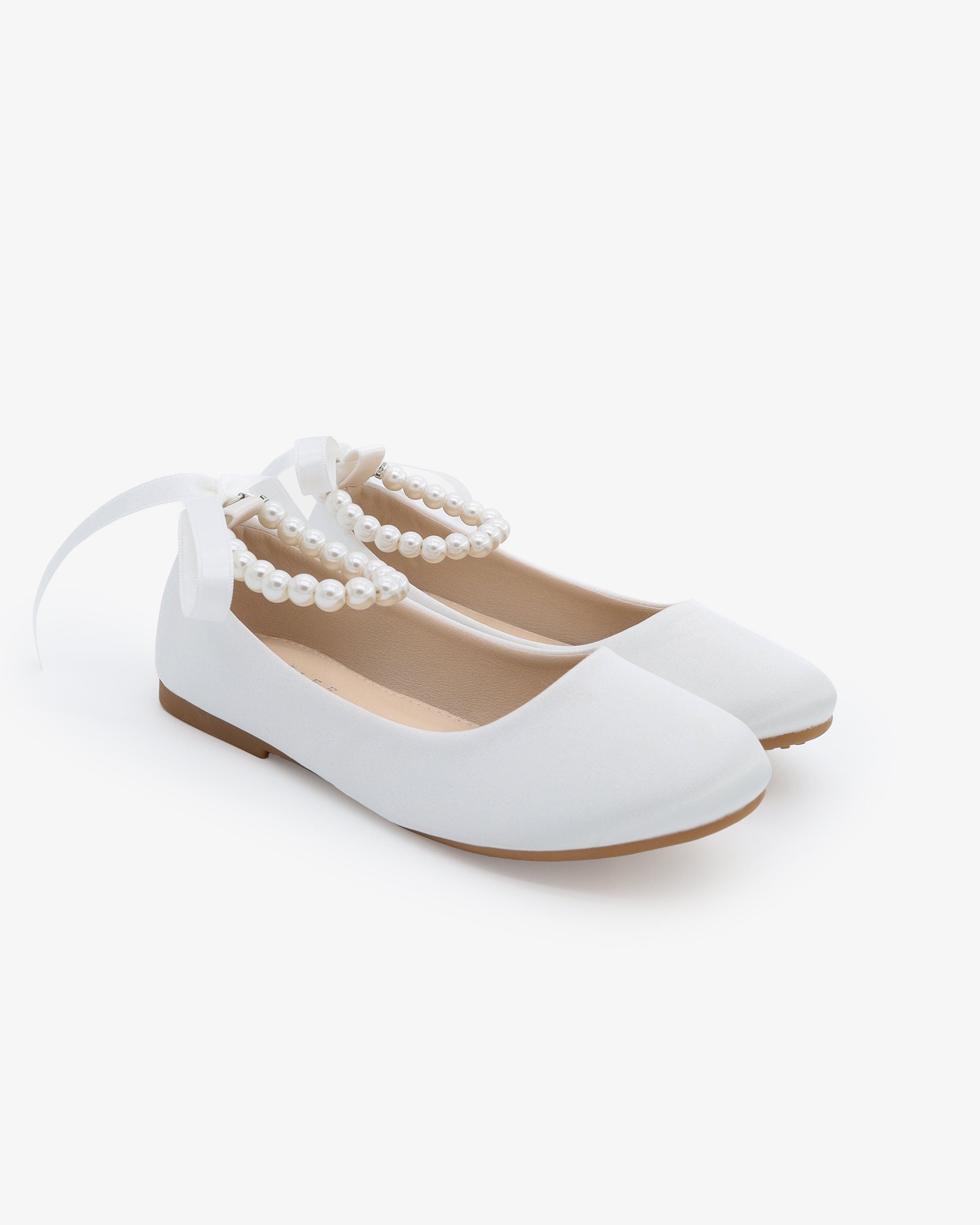 Kailee P Harper Satin Flower Girl Flats with All Pearls Ankle Strap, Main, color, White