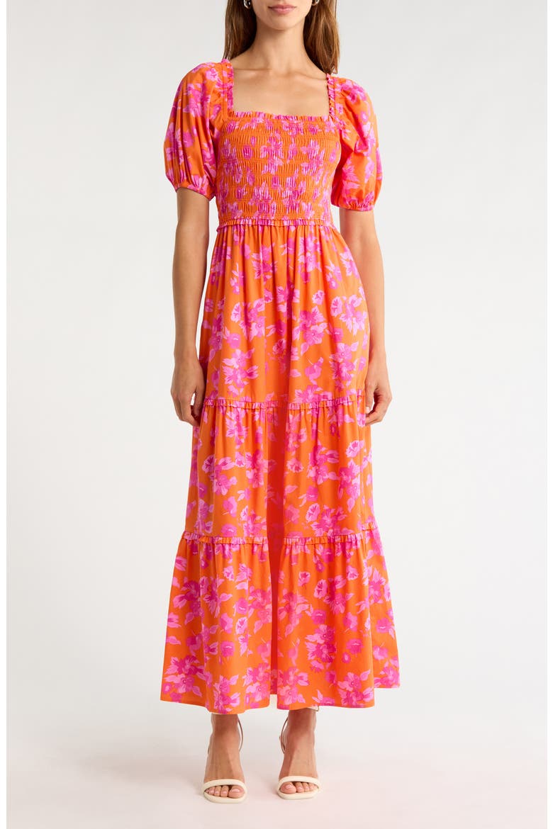 Cala Floral Tiered Cotton Maxi Dress, Main, color, ORANGE-PINKS-MULTI