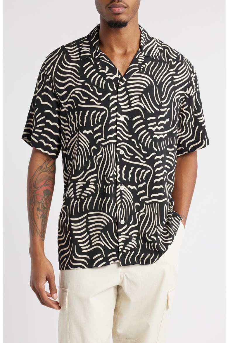 Lorenzo Abstract Botanic Print Viscose Camp Shirt, Main, color, BLACK