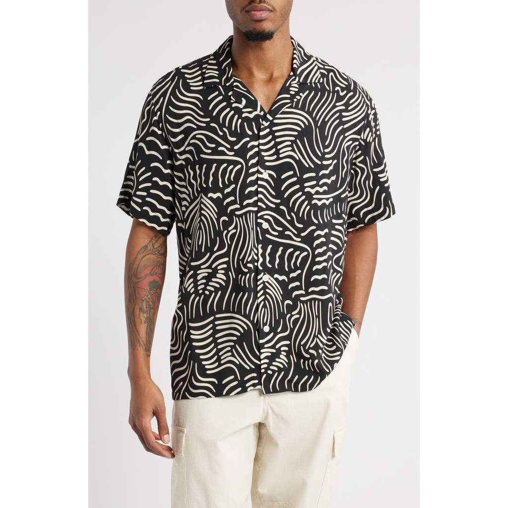 Shop Oas Lorenzo Abstract Botanic Print Viscose Camp Shirt In Black