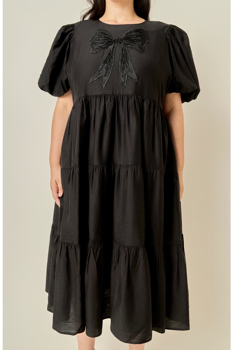 Bow Puff Sleeve Midi Dress, Alternate, color, BLACK
