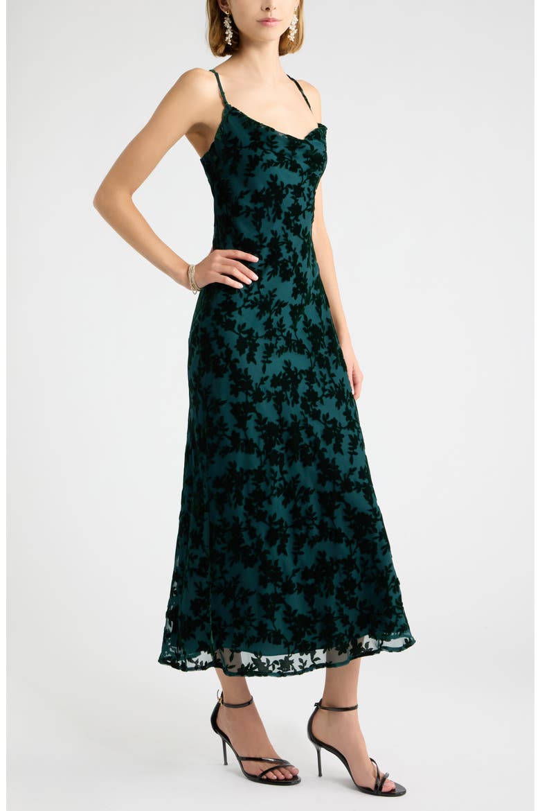 Flocked Velvet Midi Dress, Alternate, color, GREEN PONDEROSA