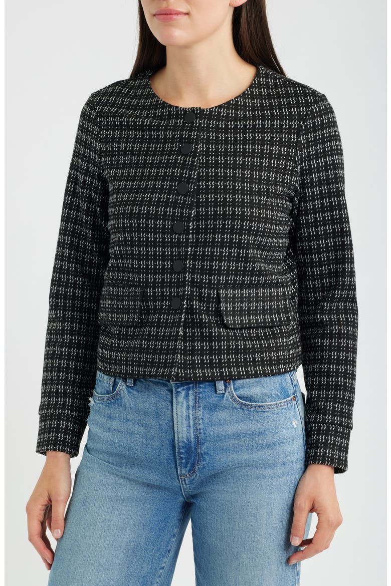 Collarless Jacquard Knit Jacket, Alternate, color, BLACK MULTI