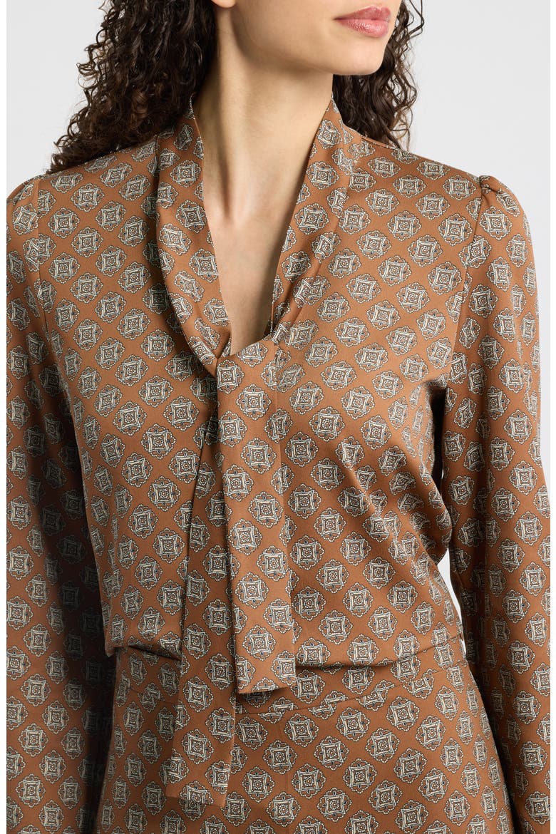 Tie Neck Long Sleeve Top, Alternate, color, BURNT BROWN TIE PRINT