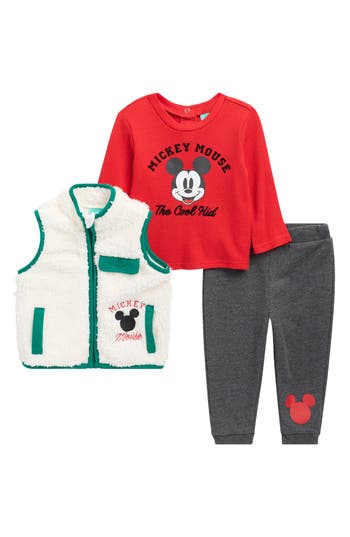 Assorted High Pile Fleece Vest, T-shirt & Pants Set In Red