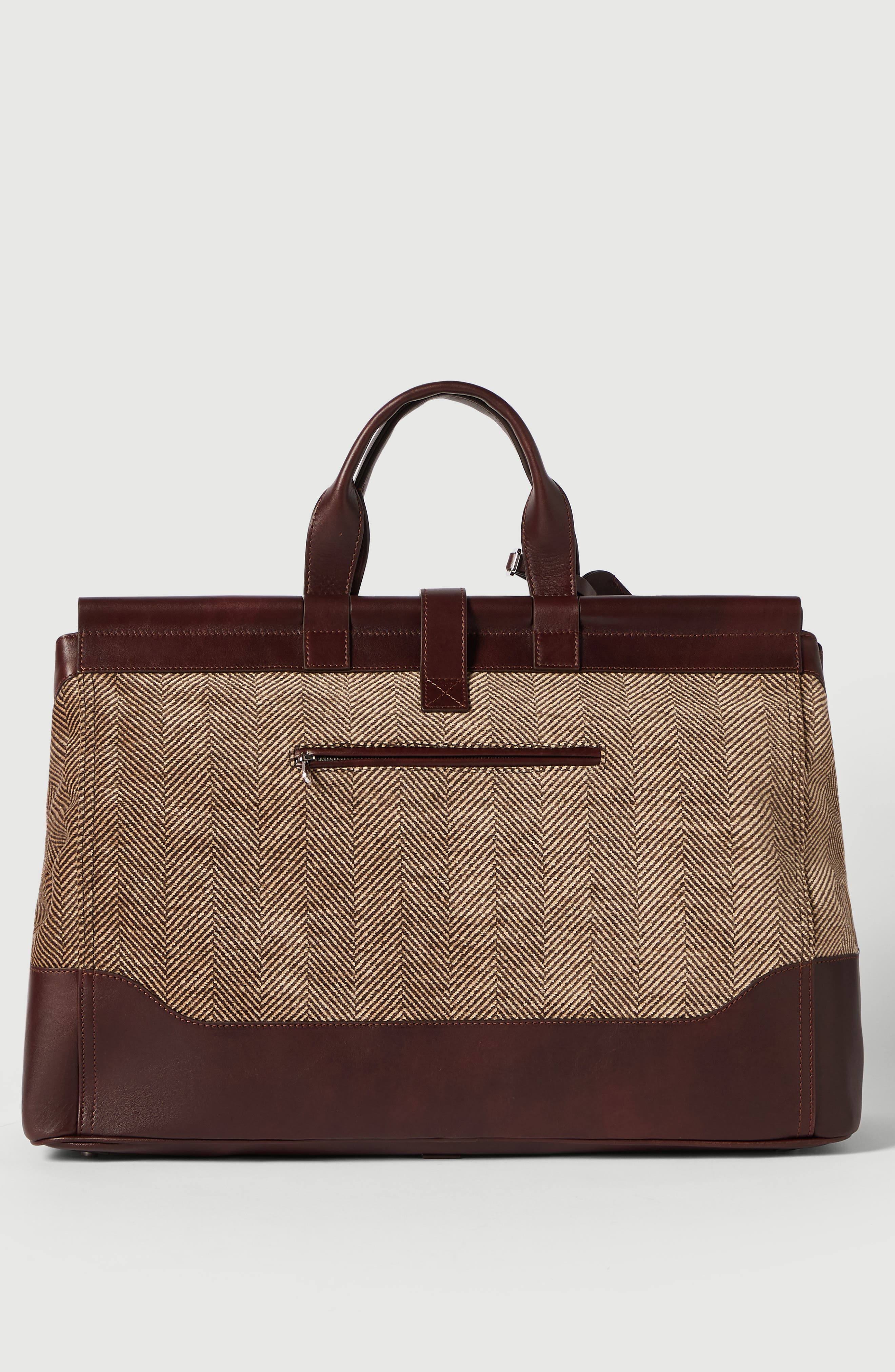 Burnished calfskin and chevron-effect techno fabric doctor bag, Alternate, color, Brown
