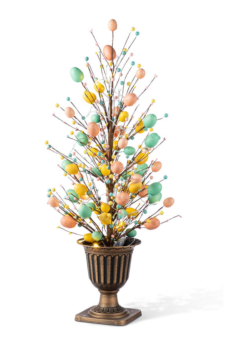 3FT Easter Egg & Flower/ Berry Urn Porch Tree with 20 Warm White Lights & Timer, Main, color, Blue