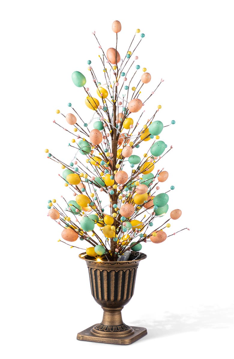 Glitzhome 3FT Easter Egg & Flower/ Berry Urn Porch Tree with 20 Warm White Lights & Timer, Main, color, Blue