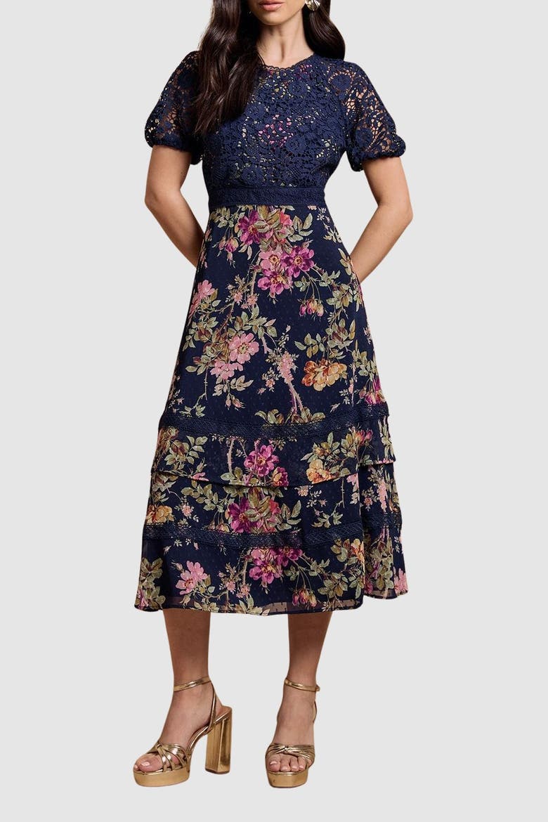 Petite Lace Bodice Midi Dress, Alternate, color, Navy