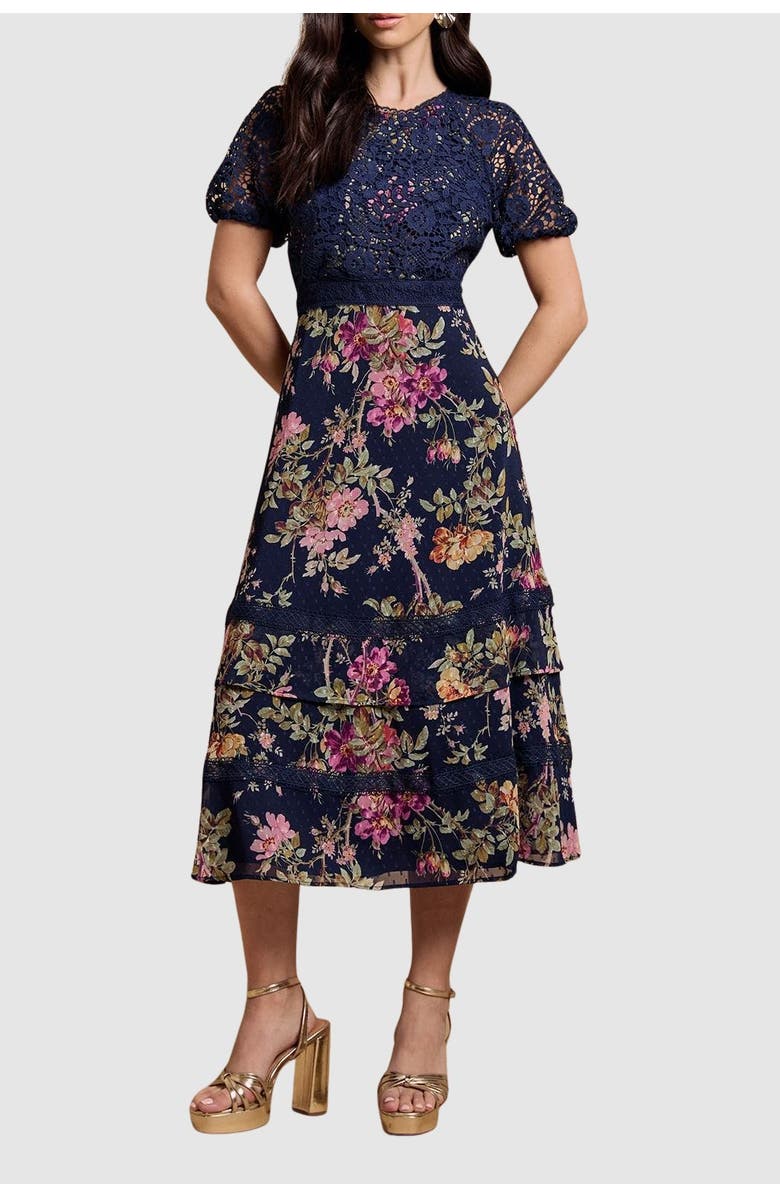 Oasis Petite Lace Bodice Midi Dress, Alternate, color, Navy