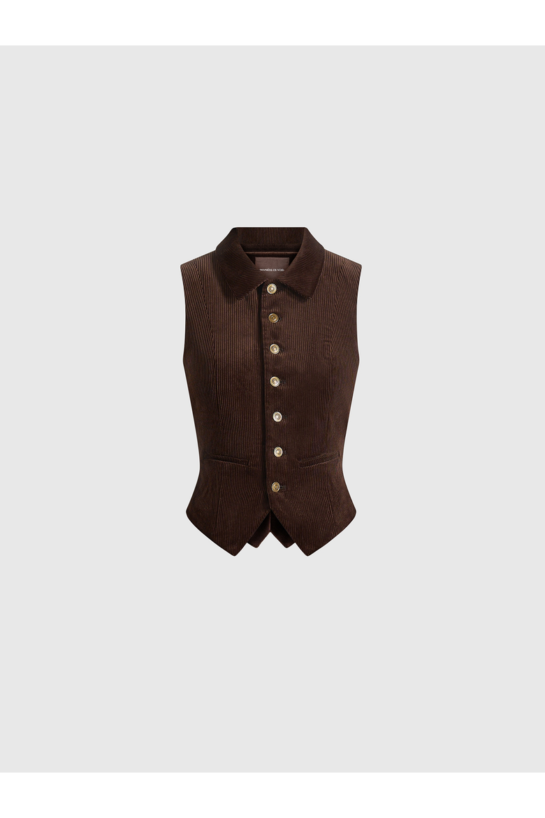 Nancy Corduroy Cinched Waistcoat with Point Collar, Alternate, color, Brown
