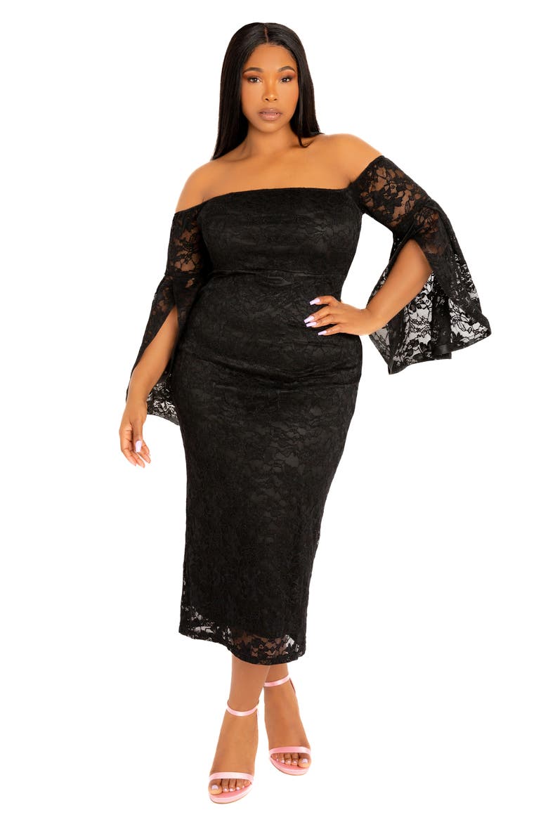 Lace Off-the-Shoulder Midi Dress, Alternate, color, BLACK
