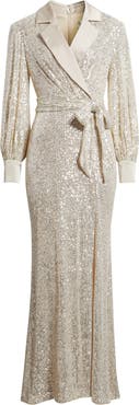 Eliza J Sequin Long Sleeve Shirtdress Gown