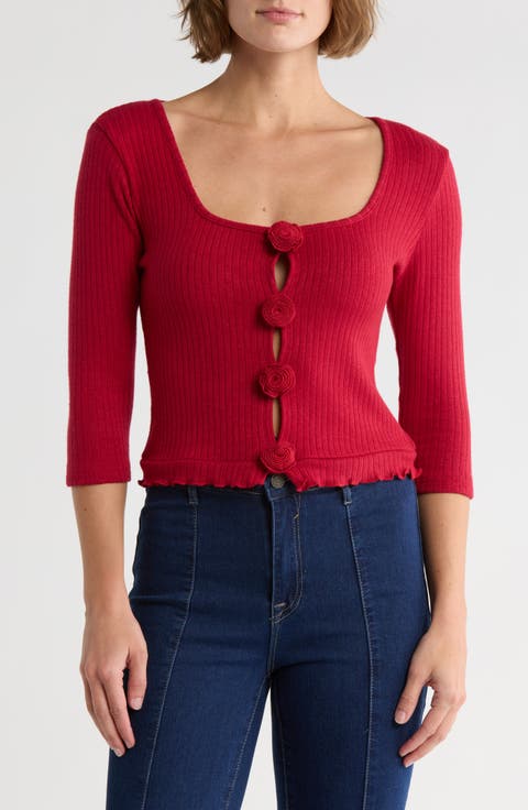 Rosette Scoop Neck Knit Top
