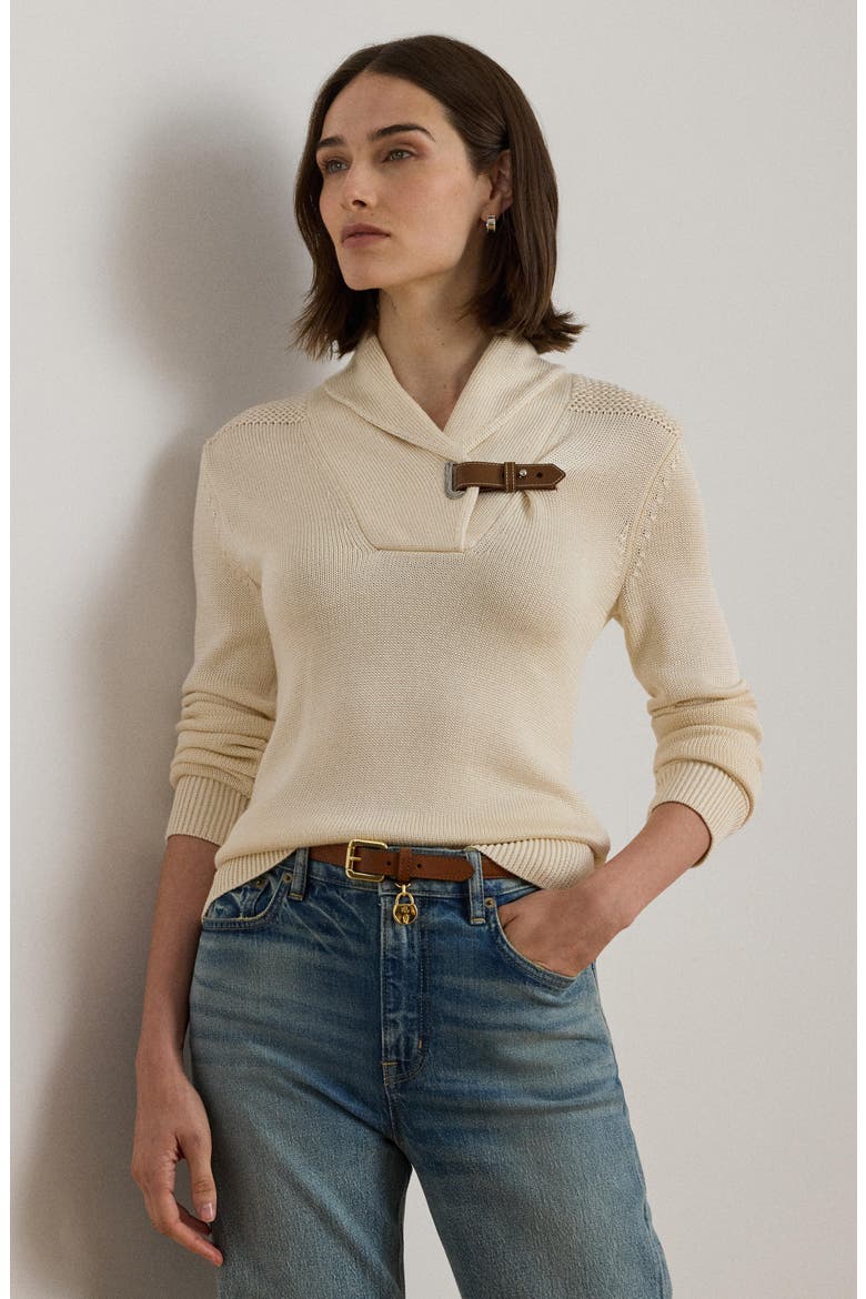 Buckle Shawl Collar Cotton Blend Sweater, Alternate, color, MASCARPONE CREAM
