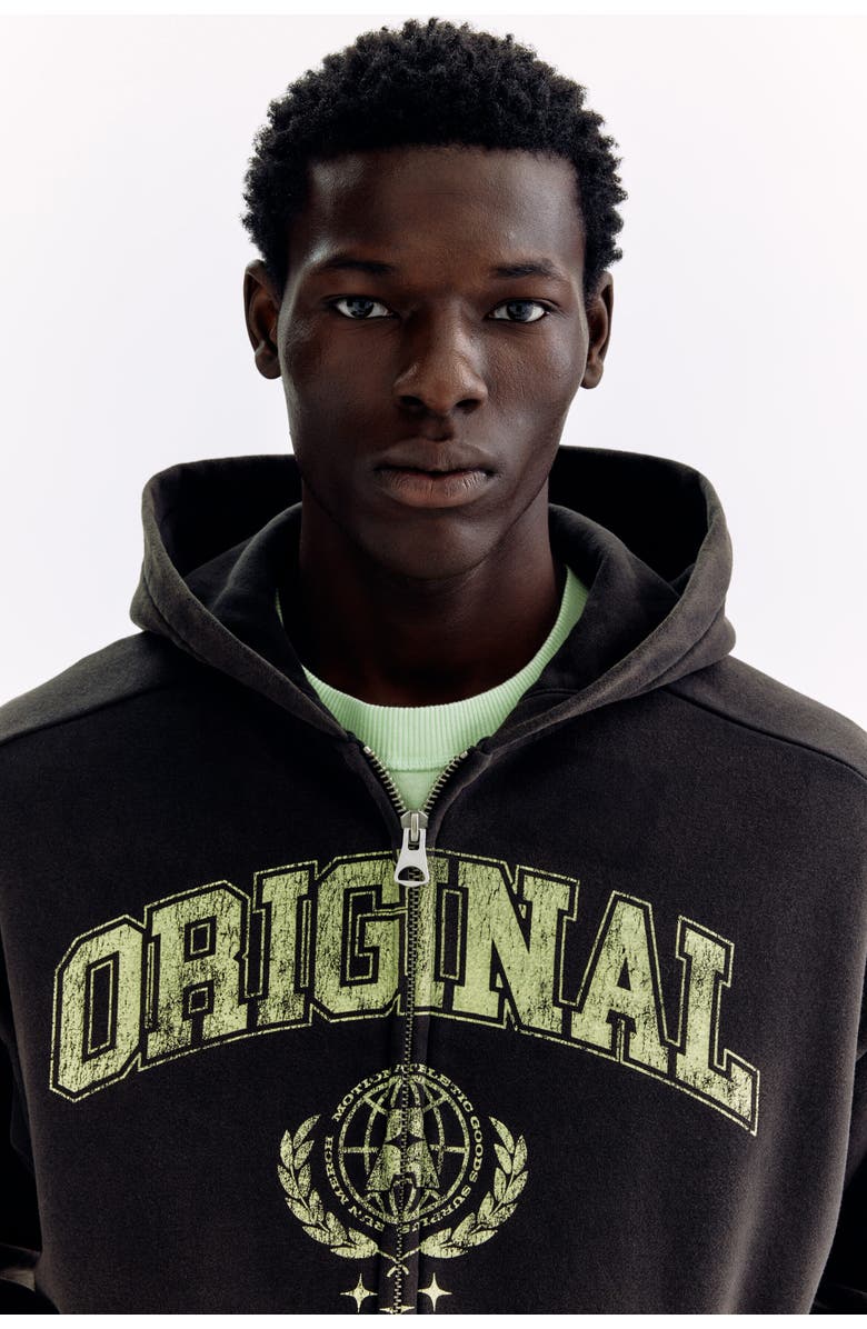 H&M Oversized Fit Printed Zip-through Hoodie, Main, color, Black/Original