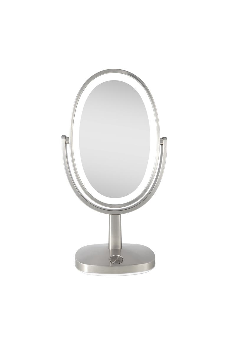 Newport Lighted Makeup Mirror with 5X/1X Magnification & Touch Pad, Main, color, Satin Nickel