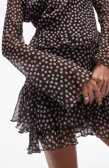 Topshop Polka Dot Ruffle Long Sleeve Chiffon Minidress