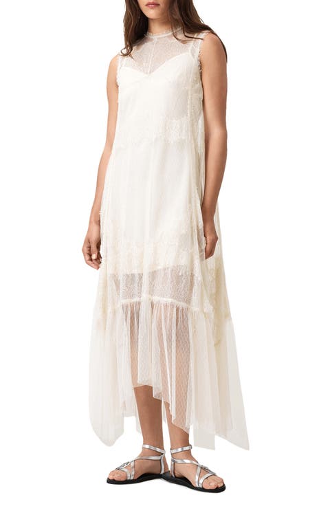 Clara Sheer Lace Sleeveless Handkerchief Hem Dress