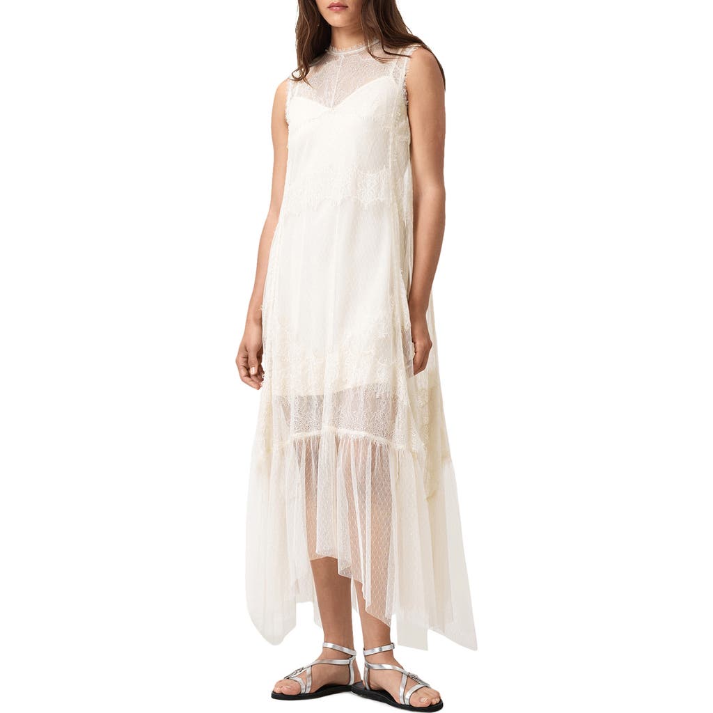 Allsaints Clara Sheer Lace Sleeveless Handkerchief Hem Dress In White