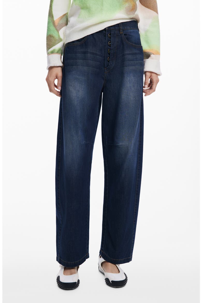 Exposed Button Fly Barrel Leg Jeans, Main, color, DARK BLUE