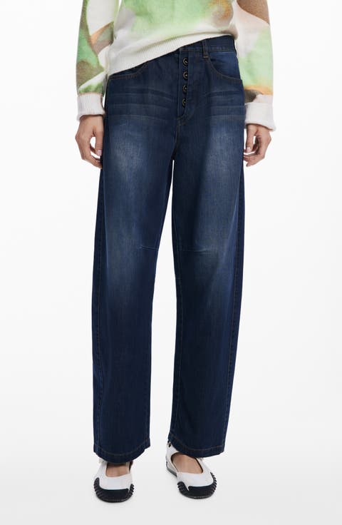 Exposed Button Fly Barrel Leg Jeans