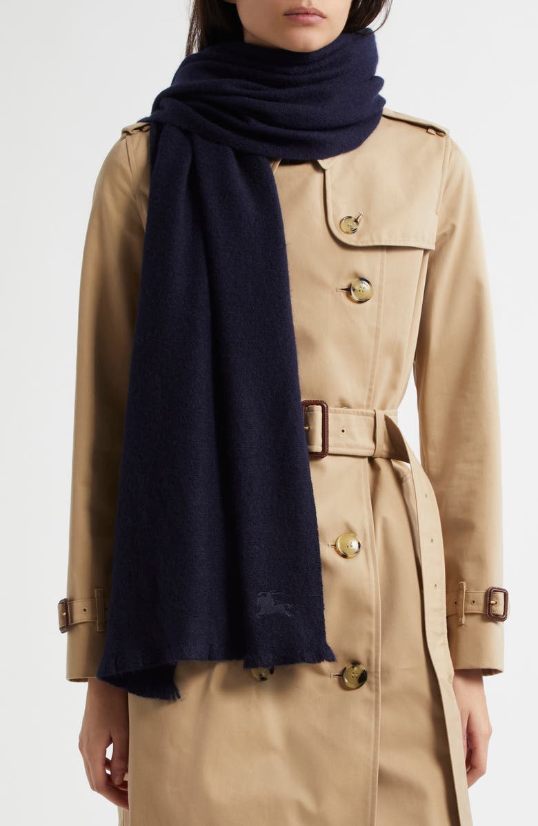 Burberry Equestrian Knight Design Cashmere Fringe Scarf, Alternate, color, Midnight