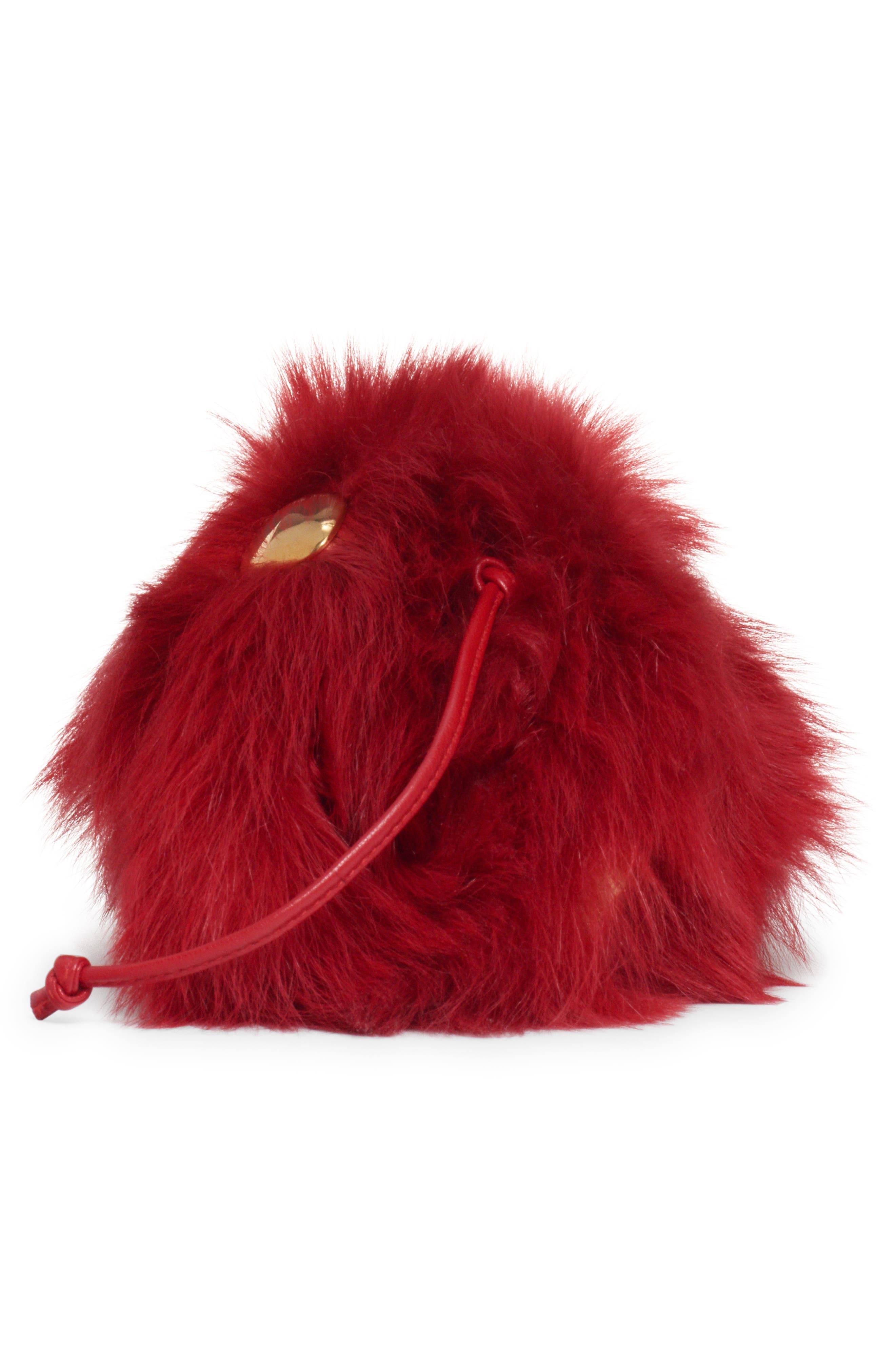 Bottega Veneta Mini The Pouch Stud Embellished Genuine Shearling Clutch, Alternate, color, Apple Candy-M Brass