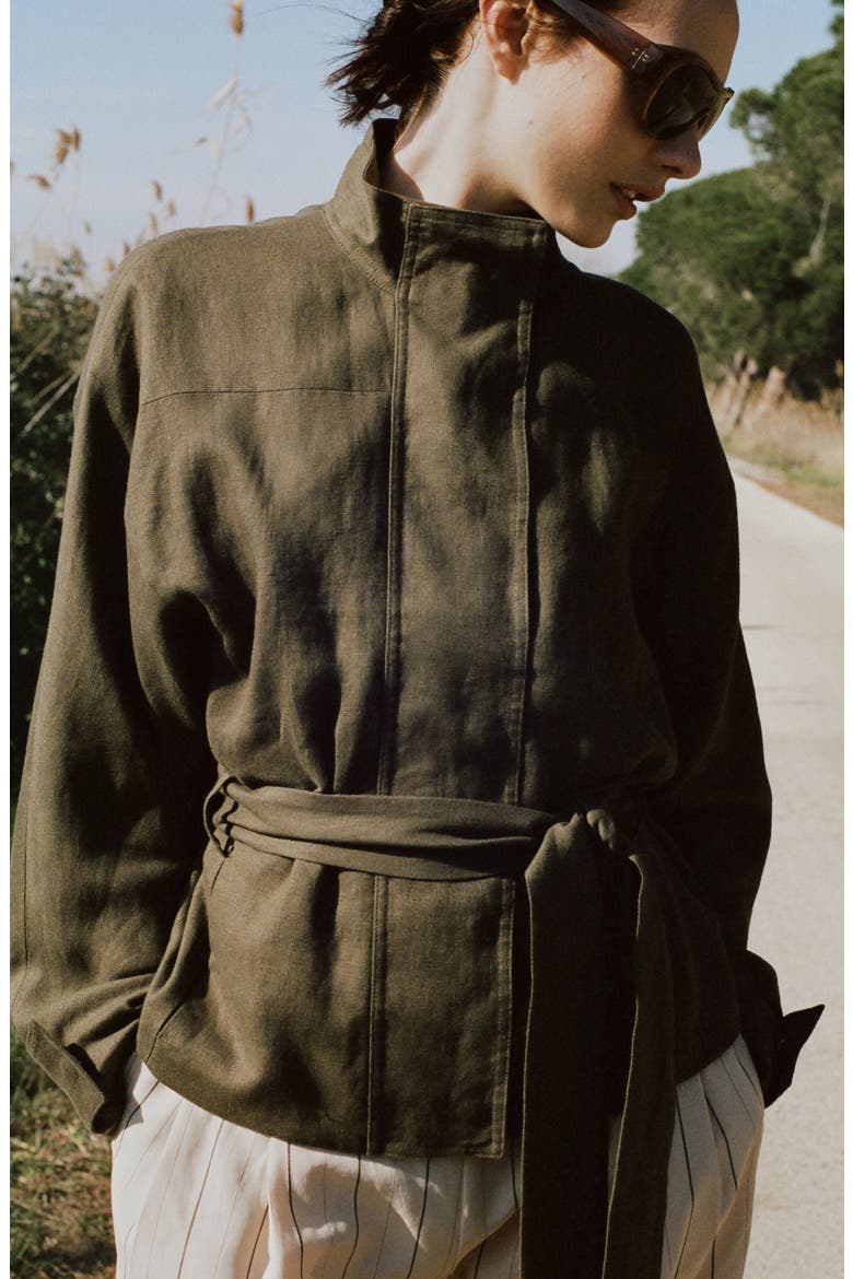 Belted Linen Jacket, Alternate, color, KHAKI GREEN