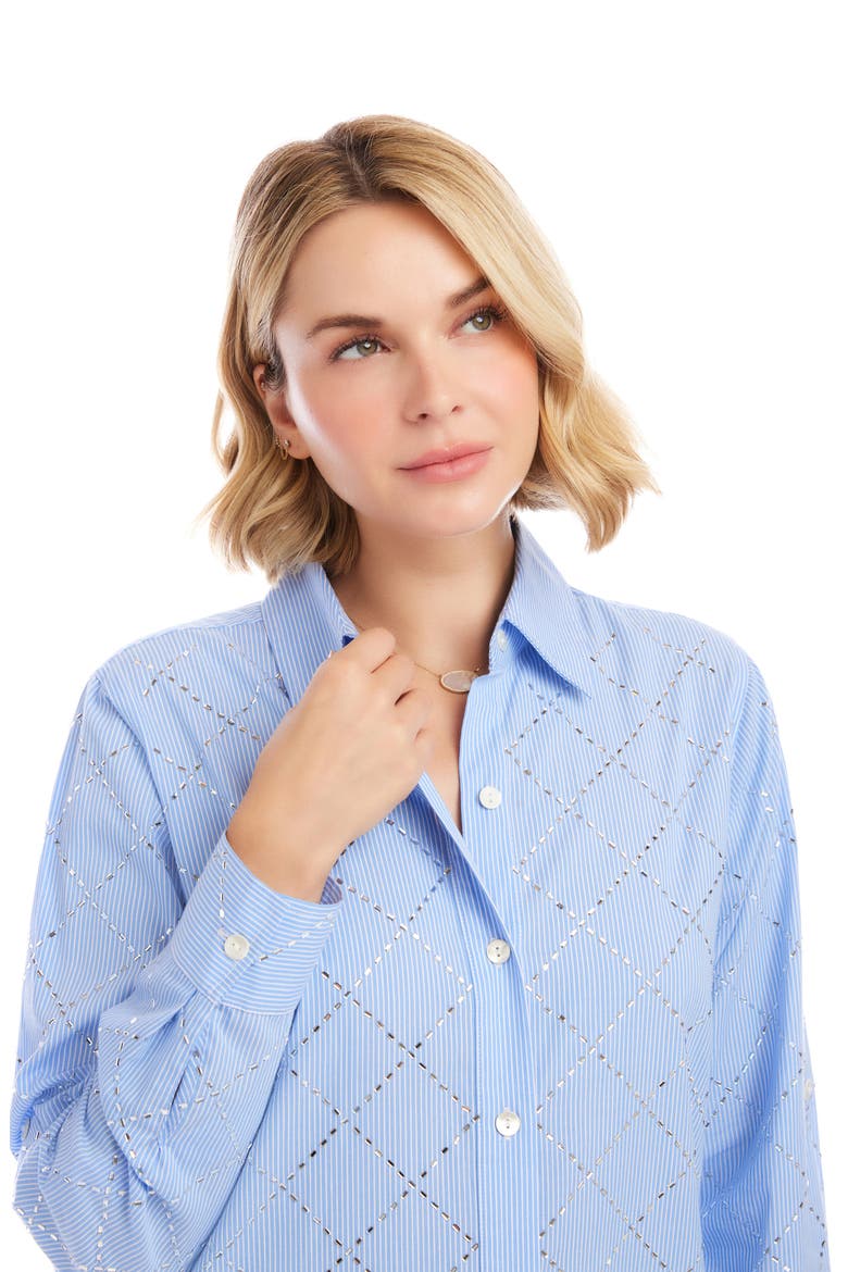 Embellished Long Sleeve Cotton Shirtdress, Alternate, color, BLUE