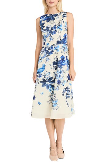 Maggy London Cotton Voile Fit & Flare Midi Dress In Cream/denim Blue