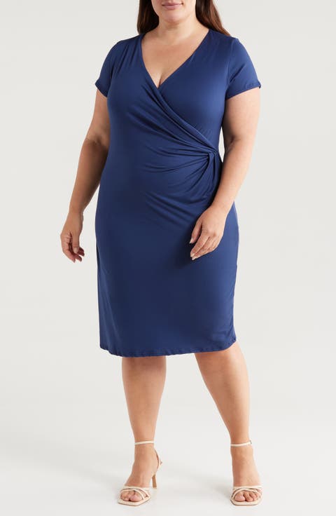 V-Neck Stretch Faux Wrap Dress (Plus)