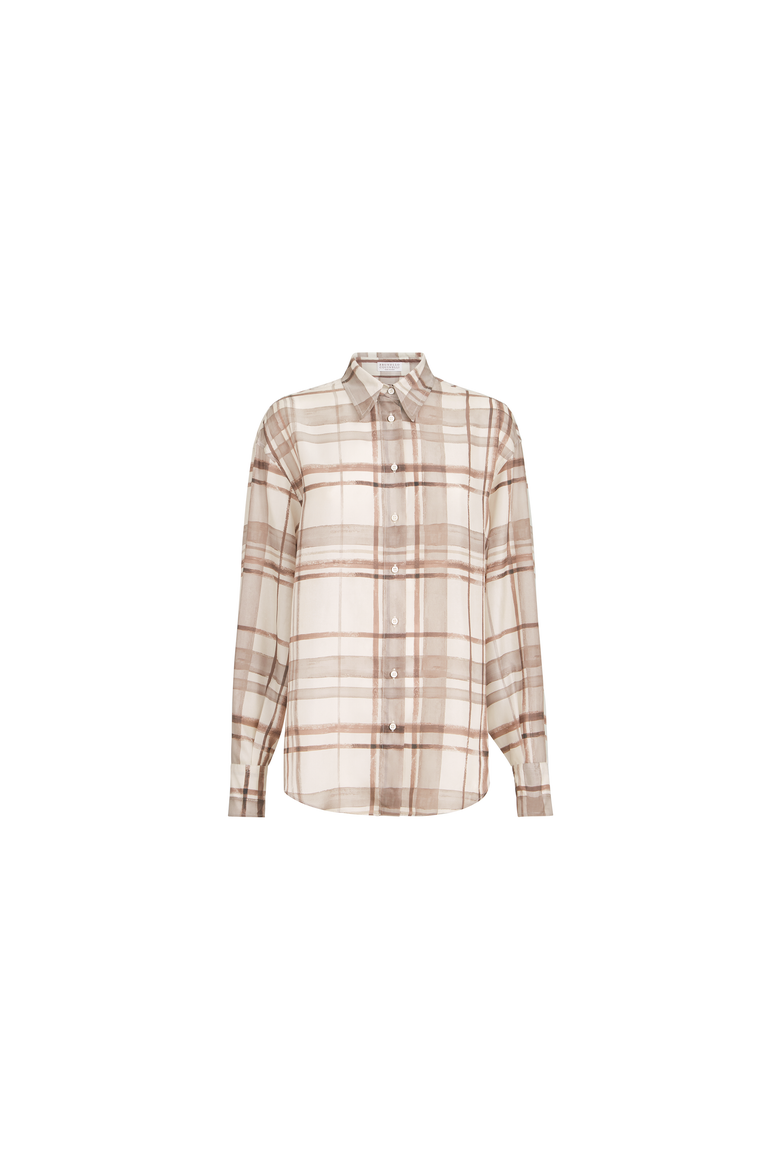 Silk pongée shirt in macrocheck print, Alternate, color, Panama