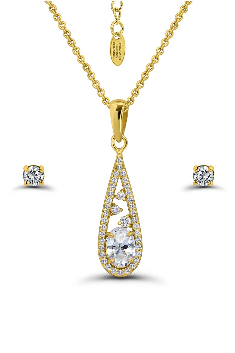 Cubic Zirconia Teardrop Pendant Necklace & Stud Earrings Set, Main, color, GOLD