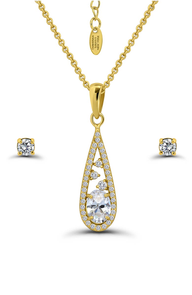 Christian Siriano Cubic Zirconia Teardrop Pendant Necklace & Stud Earrings Set, Main, color, Gold