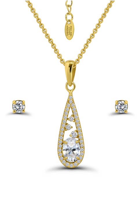 Cubic Zirconia Teardrop Pendant Necklace & Stud Earrings Set